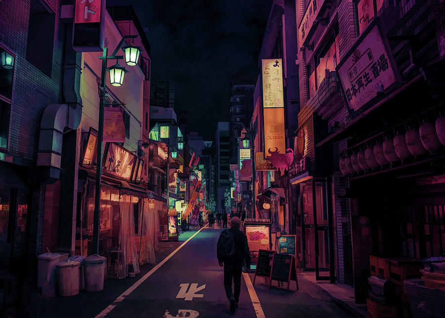 Tokyo Street After Dark - DWP1476397 Painting by Dean Wittle