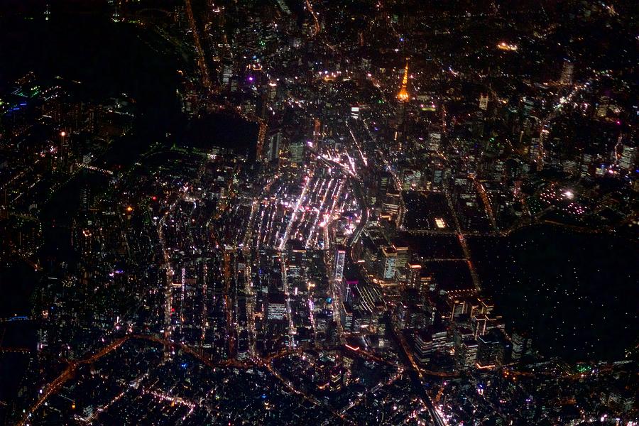 Tokyo Tower, Ginza and Tokyo station in Japan night time aerial view from airplane Photograph by Taro Hama @ e-kamakura