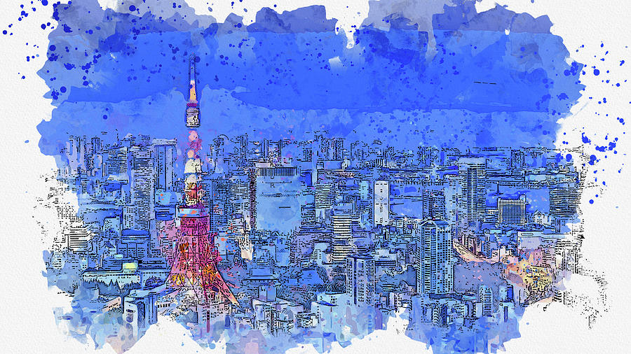 Architecture Painting - Tokyo Tower, watercolor, by Ahmet Asar by Celestial Images