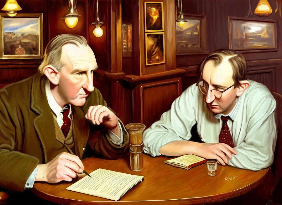 Tolkien and Lewis Pub Scene  Digital Art by David Luebbert
