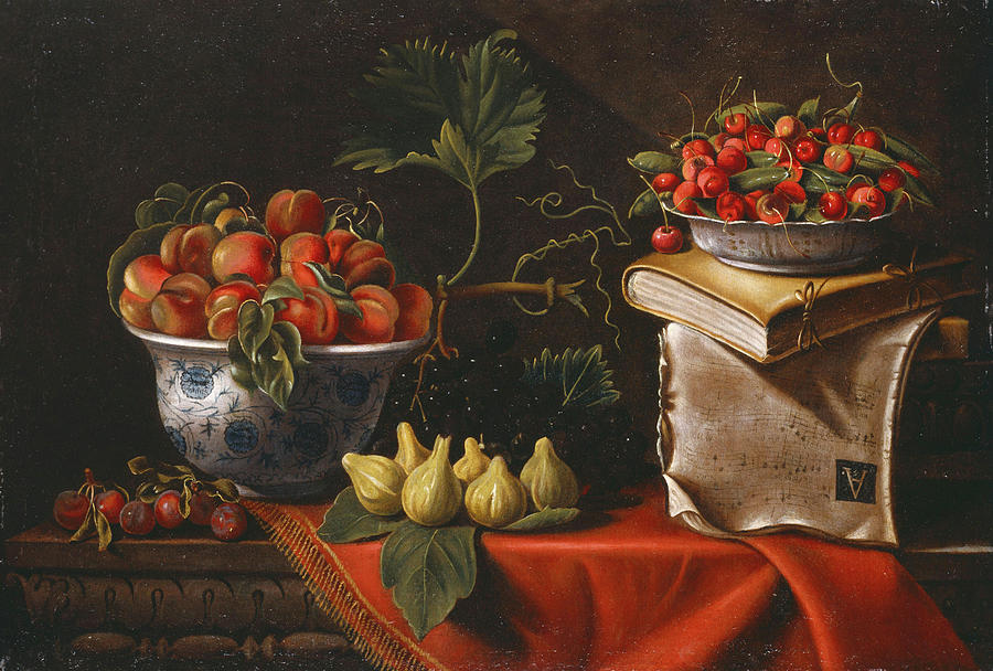 Tomas Yepes / Still life of fruits in blue and white ceramic bowls, book and parchment, Paintin... Painting by Tomas Yepes -c 1610-1674-