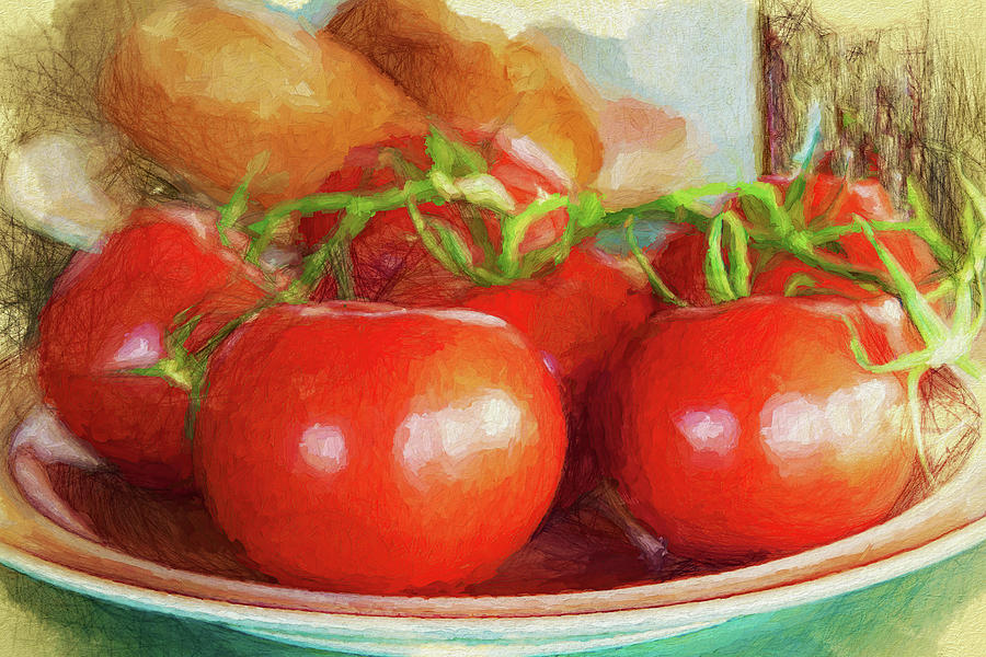 Tomatoes and bread Mixed Media by Tatiana Travelways