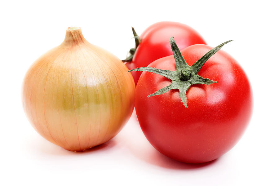Tomatoes and onion Photograph by Fotek