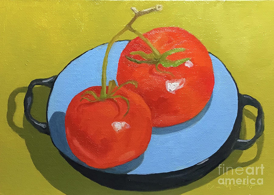 Tomatoes on Blue Plate Painting by Anne Marie Brown