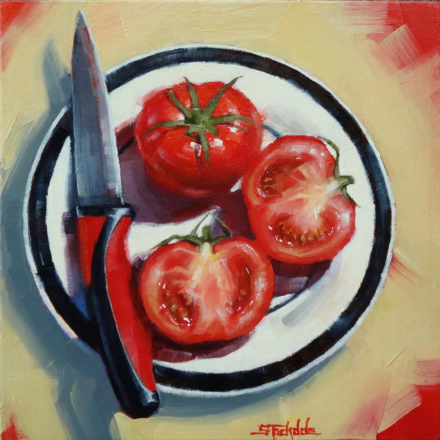 Tomatoes With Knife Painting by Margaret Stockdale