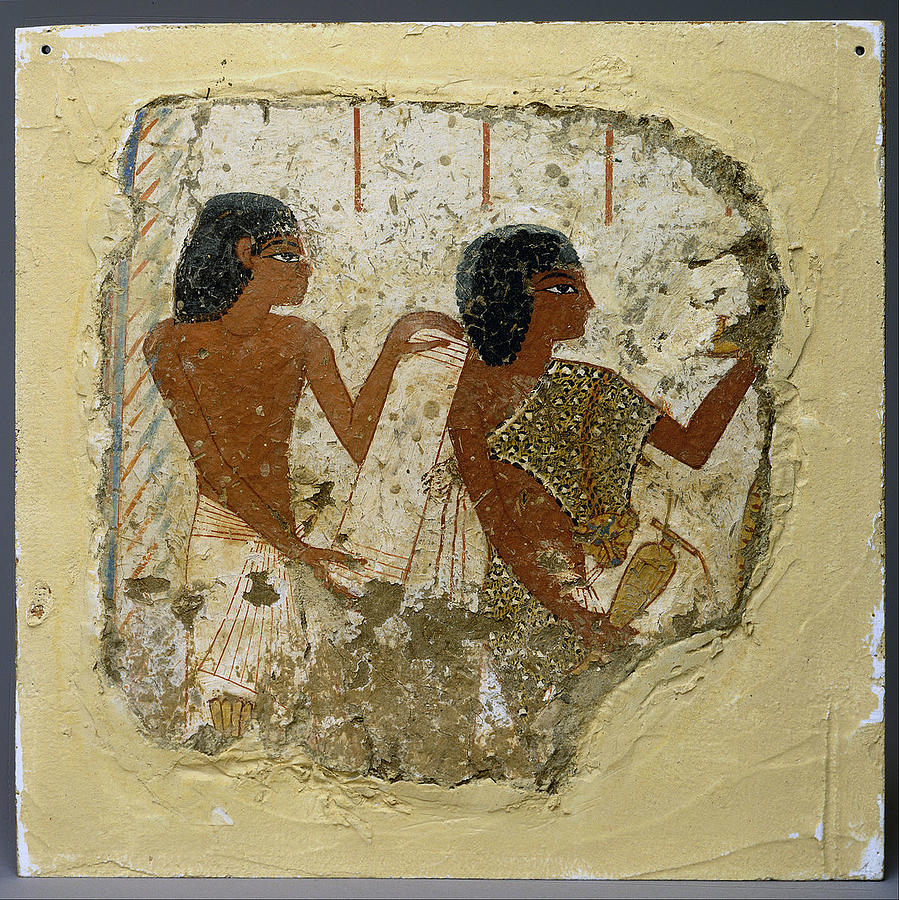 Tomb painting depicting two priests one holding a papyrus roll and the other a vase for libations Photograph by Paul Fearn