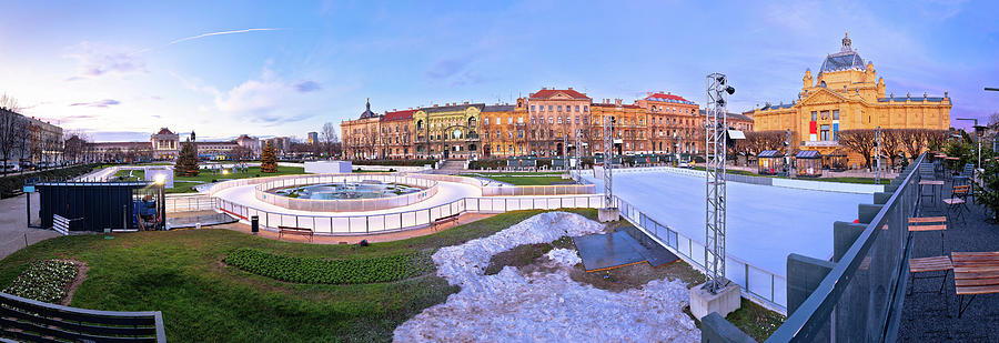 Tomislav square in Zagreb ice skate park advent evening panorami Photograph by Brch Photography