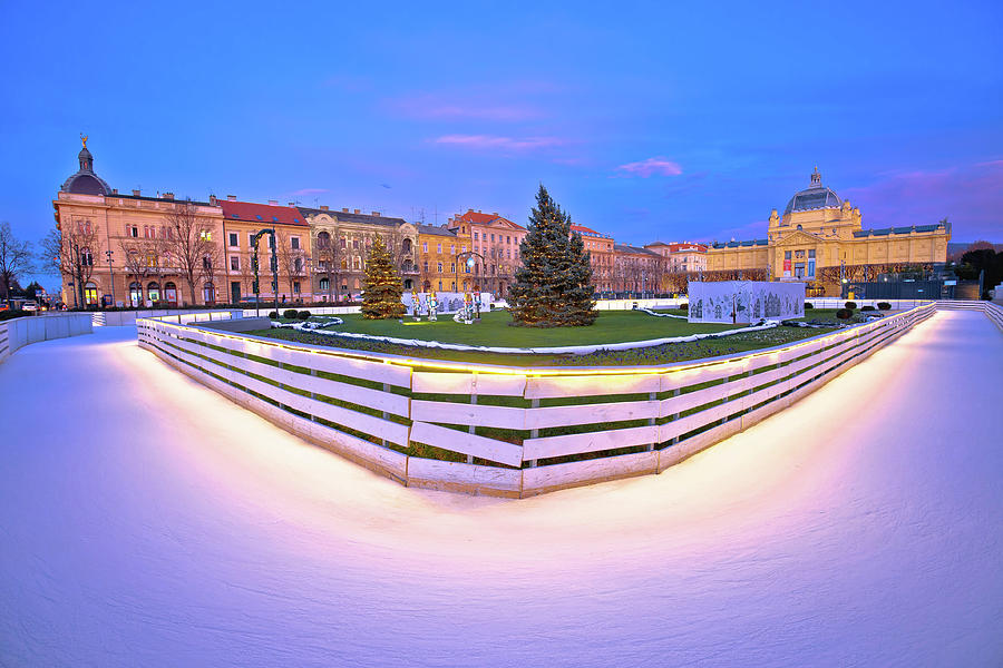Tomislav square in Zagreb ice skate park advent evening view Photograph by Brch Photography