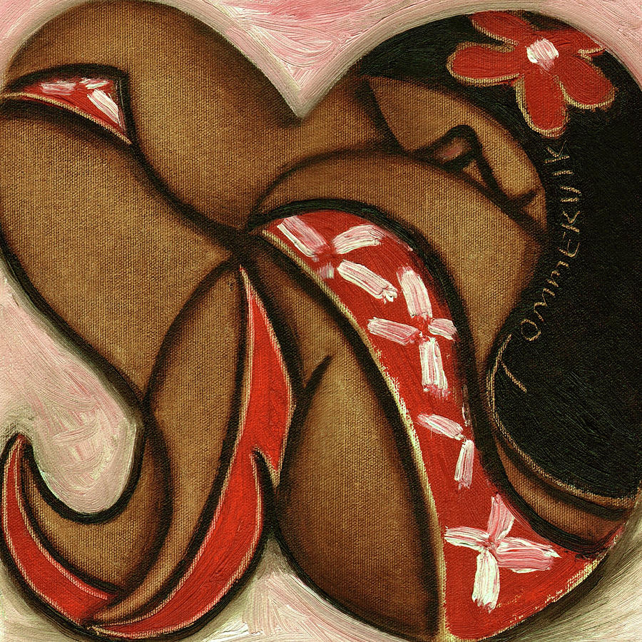 Tommervik Woman in Red Hawaiian Flower Dress Art Print Painting by Tommervik