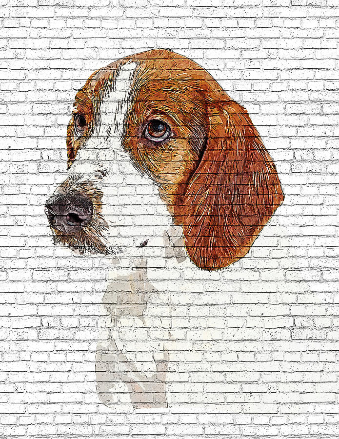 Too Adorable Sad Hound Dog - Brick Block Background Painting by Custom Pet Portrait Art Studio