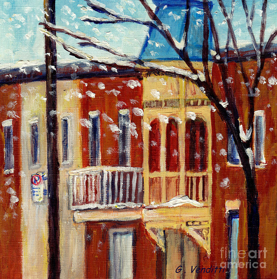 Top Balcony In Plateau Mont Royal Street Montreal Winter Scene Painting Grace Venditti Canadian Art Painting by Grace Venditti