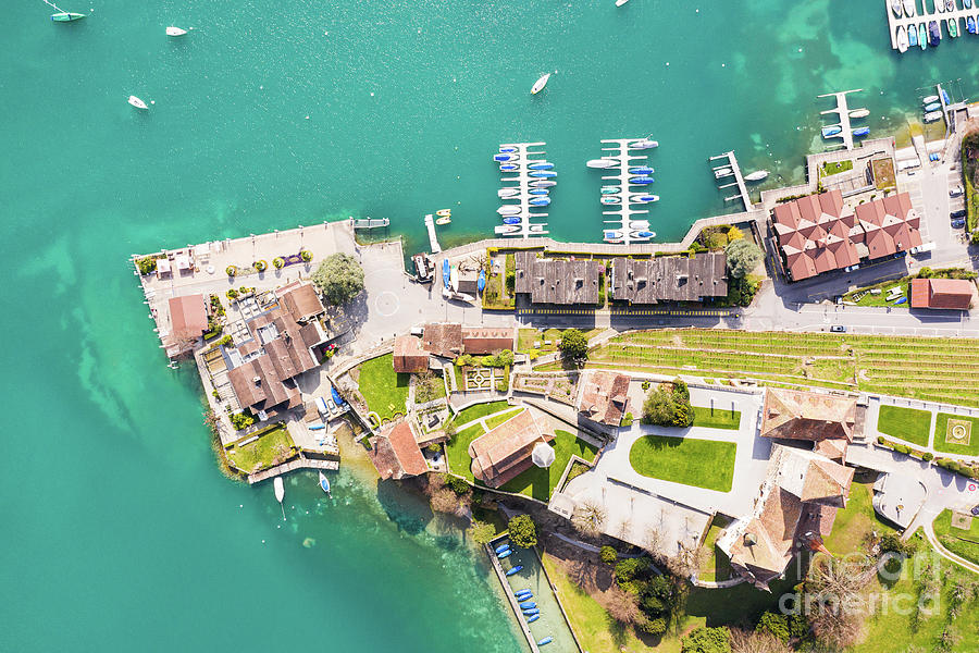 Top down view of the Spiez old town by lake Thun in canton Bern Coffee Mug  by Didier Marti - Fine Art America