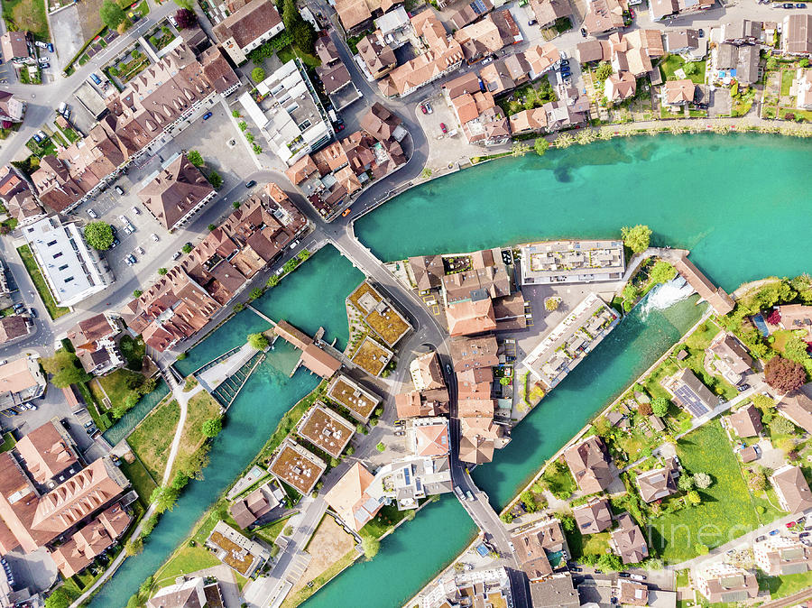 Top down view of the Interlaken city with the Aar river flowing  Photograph by Didier Marti