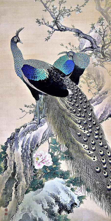 Peacock Painting - Top Quality Art - Peacocks in Spring by Imao Keinen