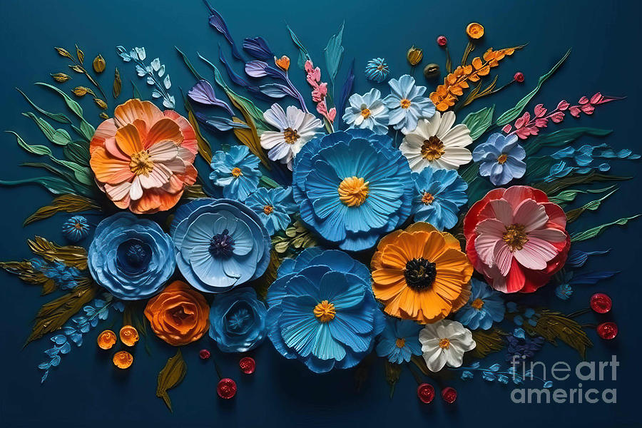 Peacock Painting - Top View, 3D Wallpaper Blue Flowers and Colorful Flowers Oil Pai by N Akkash