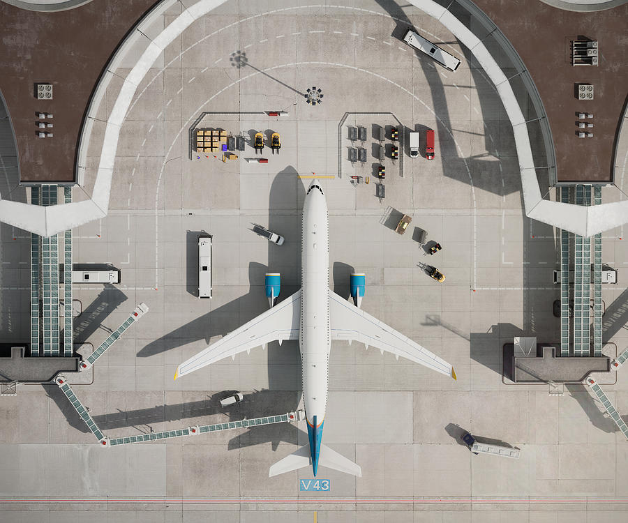 Top view of airplane at airport terminal in 3D Photograph by Alvarez