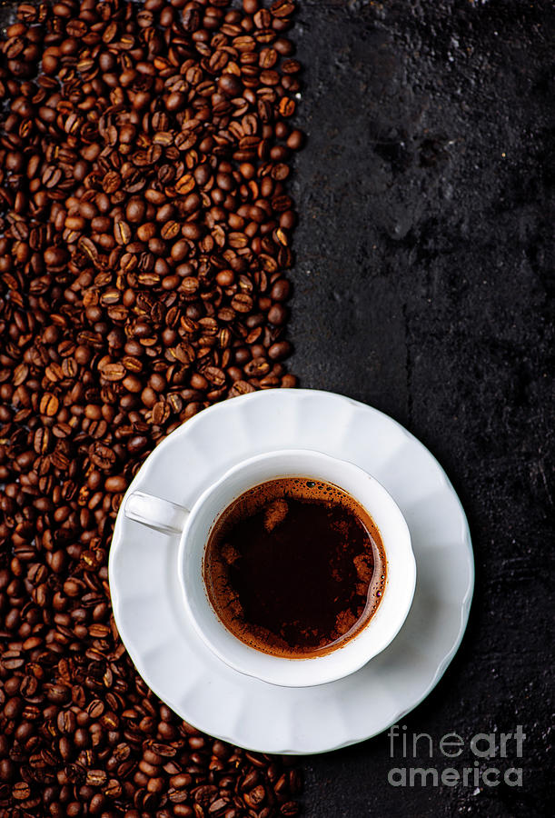 Top view of coffee cup on coffee bean texture and black rustic b Photograph by Jelena Jovanovic