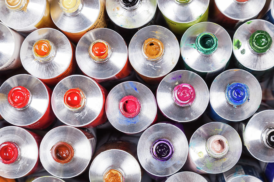 Top View Of Open Professional Paints In Tubes. Multicolor Photograph