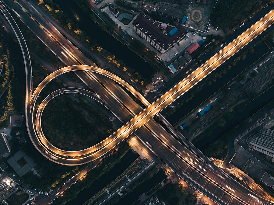 Top View of Overpass and City Traffic at Night Photograph by AerialPerspective Works