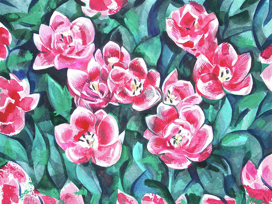 Top view of red tulips Painting by Katya Atanasova