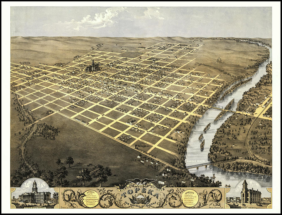 Topeka Kansas Vintage Map Birds Eye View 1869 Photograph by Carol Japp