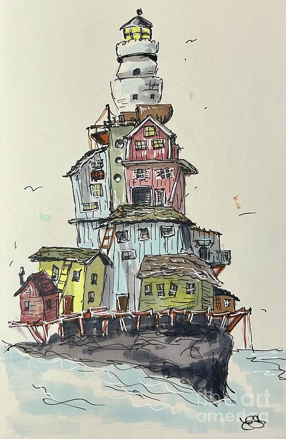 Lighthouse Drawing - Topsy-Turvy Lighthouse by Erika Schwab