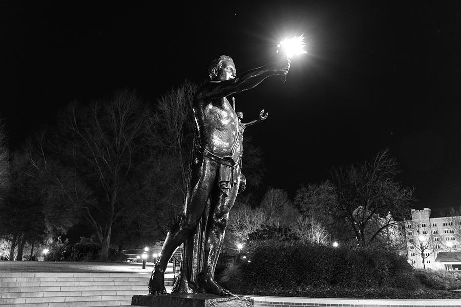  Torchbearer statue at the University of Tennessee at night in black and white Photograph by Eldon McGraw