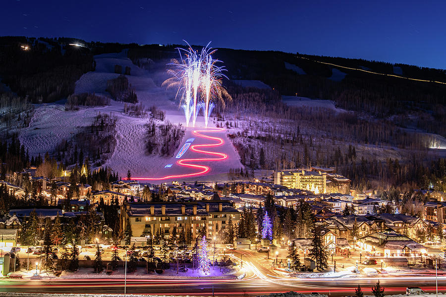 Torchlight Parade and Fireworks over Vail Colorado Photograph by Ben
