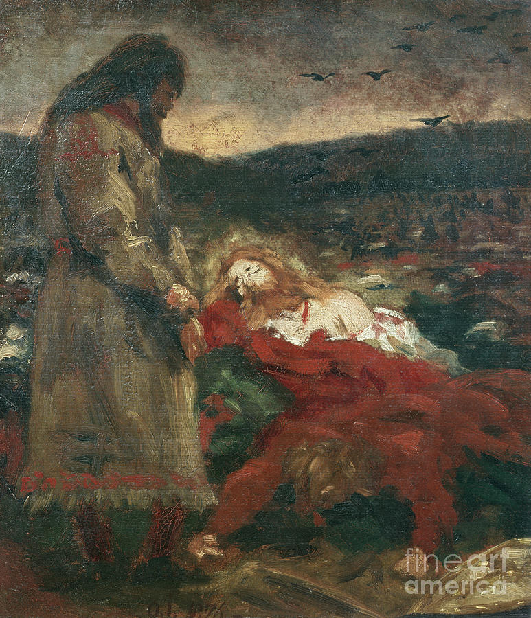 Tore Hund by the dead body of Olav the Holy on Stiklestad, 1876 Painting by Olaf Isaachsen