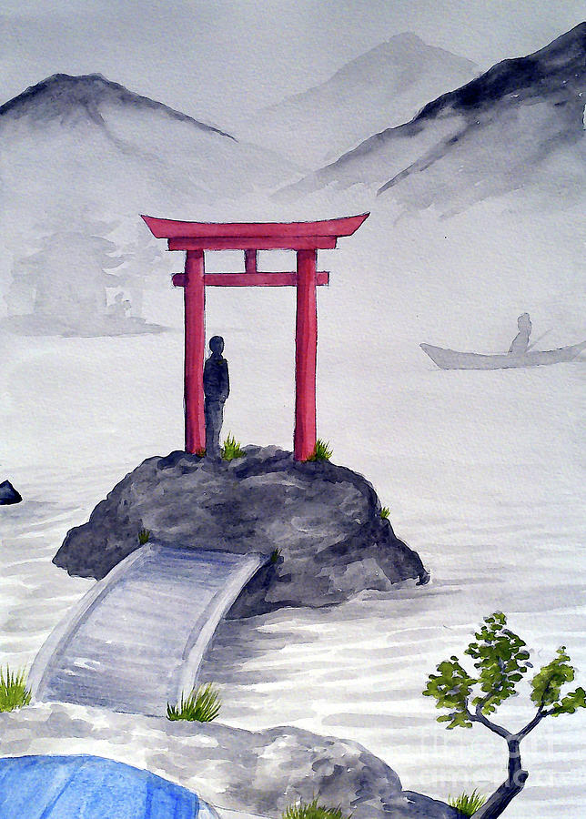 Torii in Fog Painting by Rohvannyn Shaw