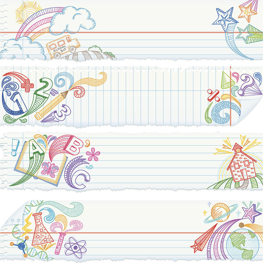 Torn Notebook Paper Banners — School Subjects Drawing by Jammydesign