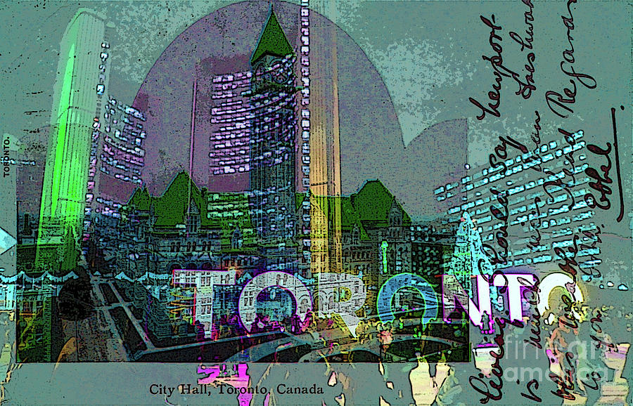Toronto City Hall Then and Now with Blue Filter Mixed Media by Nina Silver