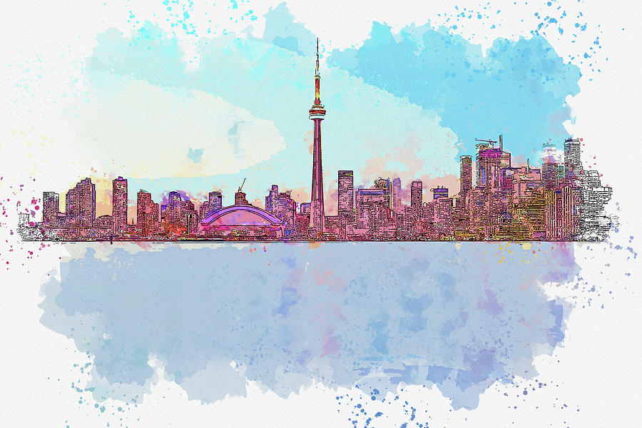 Sunset Painting - Toronto Skyline 3, watercolor travel poster, by Ahmet Asar by Celestial Images