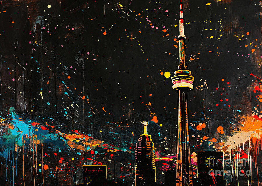 Torontos Cn Tower Rising Into The Darkness With Its Lights Aglow Painting