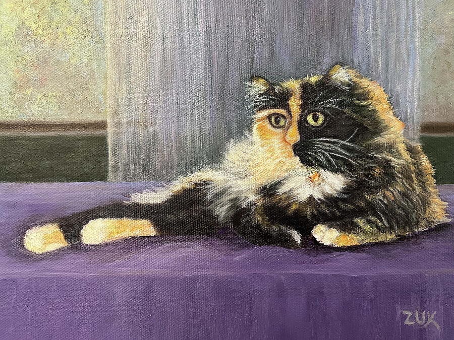 TortieCalico Cat Portrait Painting by Karen Zuk Rosenblatt