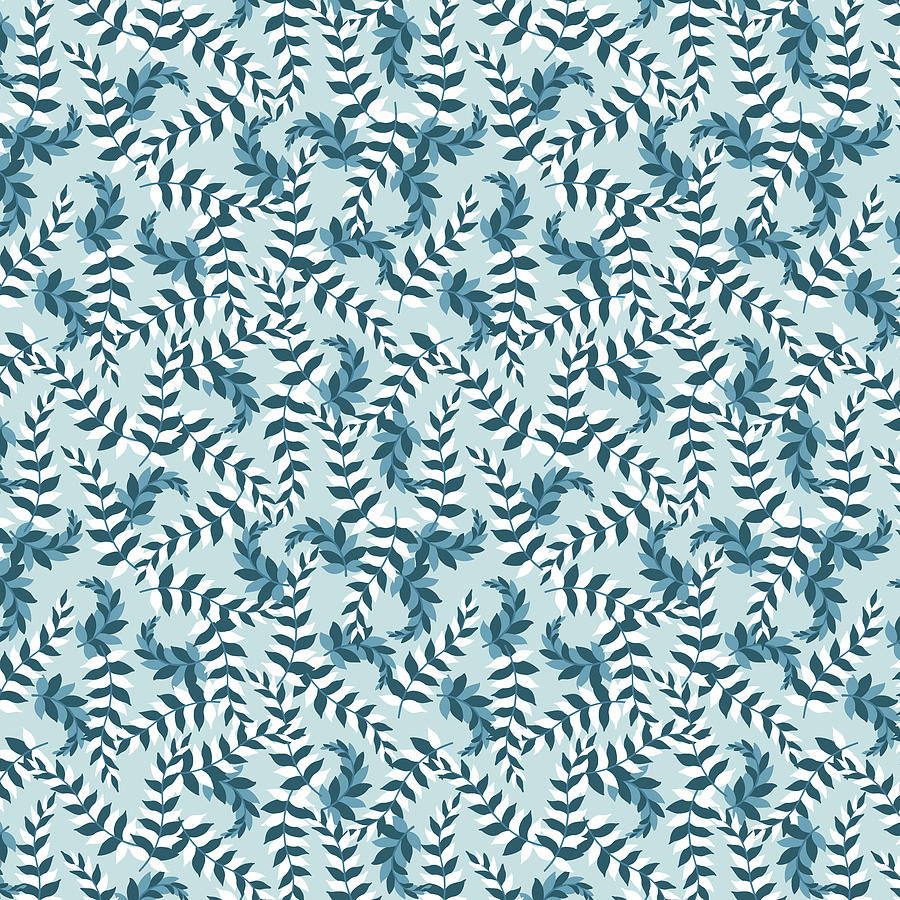 Tossed Blue and White Stylized Leaves Painting by Nikita Coulombe