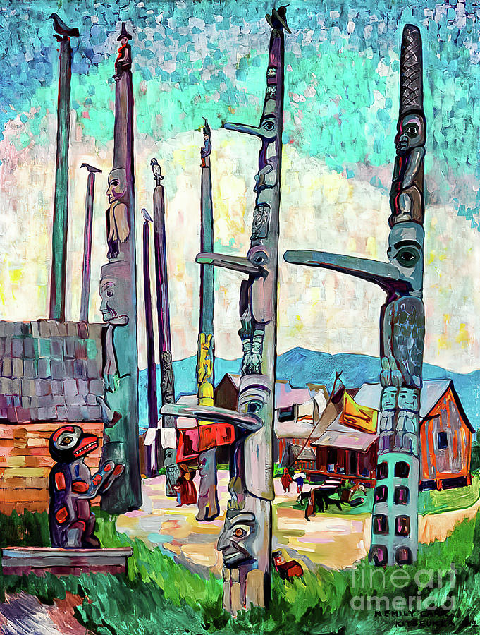 Totem Poles Kitseukla by Emily Carr 1912 Painting by Emily Carr