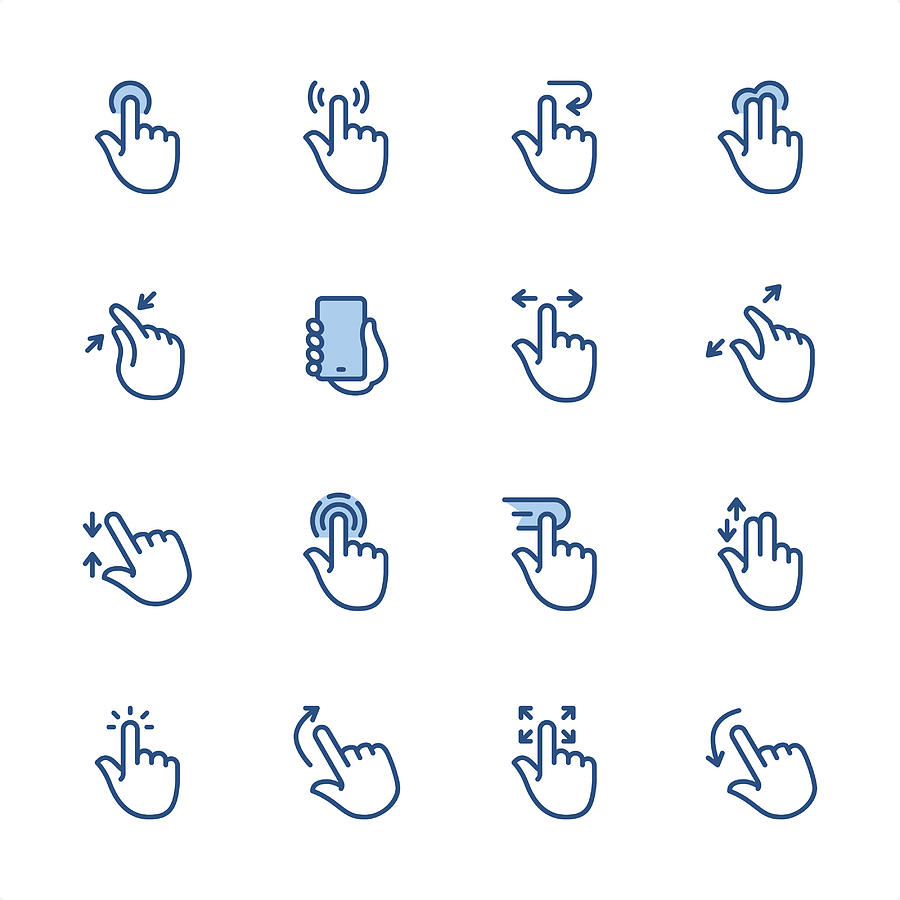 Touch Screen Gestures - Pixel Perfect blue outline icons Drawing by Lushik