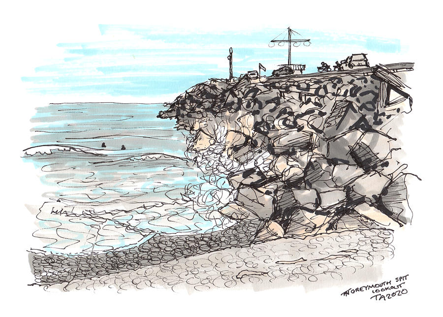 Tour Aotearoa - Greymouth Bar Lookout Drawing by Tom Napper