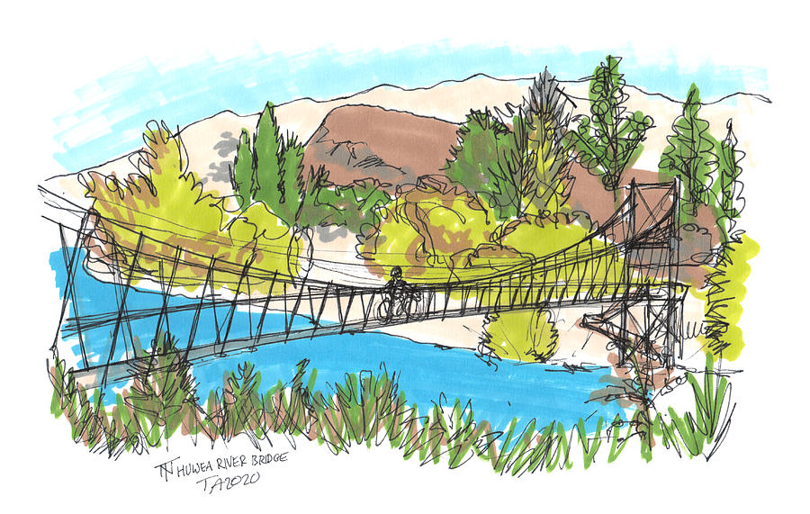 Tour Aotearoa - Hawea River Bridge  Drawing by Tom Napper