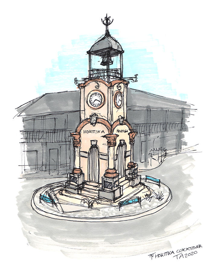 Tour Aotearoa - Hokitika Clocktower Drawing by Tom Napper
