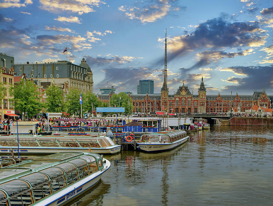 Tour Boats by Amsterdam Train Station Photograph by Darryl Brooks