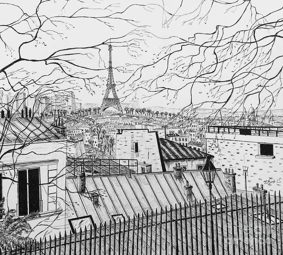 Tour Eiffel, vue de Montmartre Drawing by Janice Best