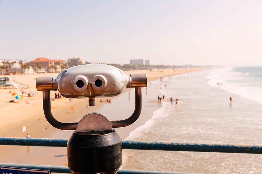 Tourist binoculars overlooking Santa Monica Beach, Los Angeles, California, USA Photograph by Alexander Spatari