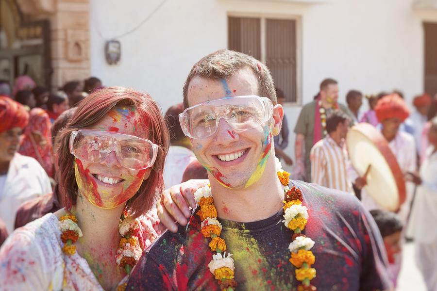 Tourist Couple Enjoying Holi Festival in Rural Indian Village Photograph by Powerofforever