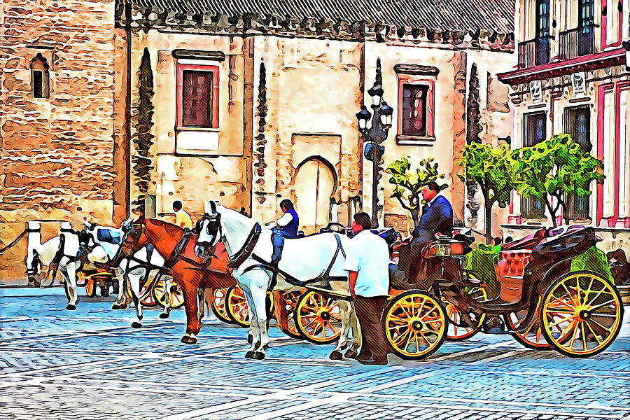 Tourist horse carriages Seville Spain Mixed Media by Tatiana Travelways