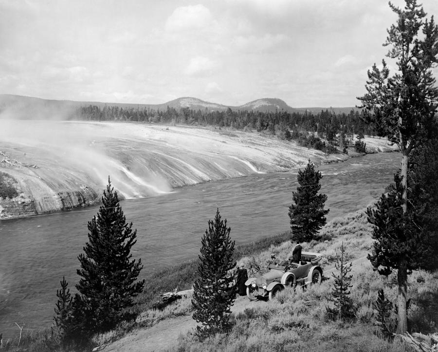 Tourist Viewing Excelsior Geyser - Yellowstone National Park - 1917 Photograph by War Is Hell Store
