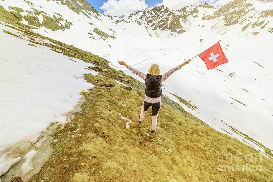 Tourist woman at with swiss flag Digital Art by Benny Marty