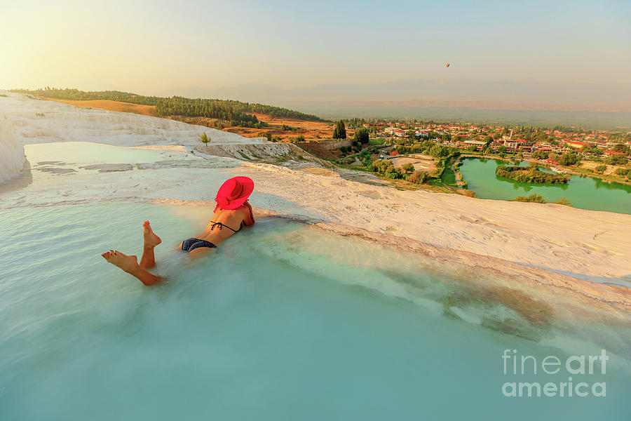 Tourist Woman in Pamukkale pools in Turkey Digital Art by Benny Marty