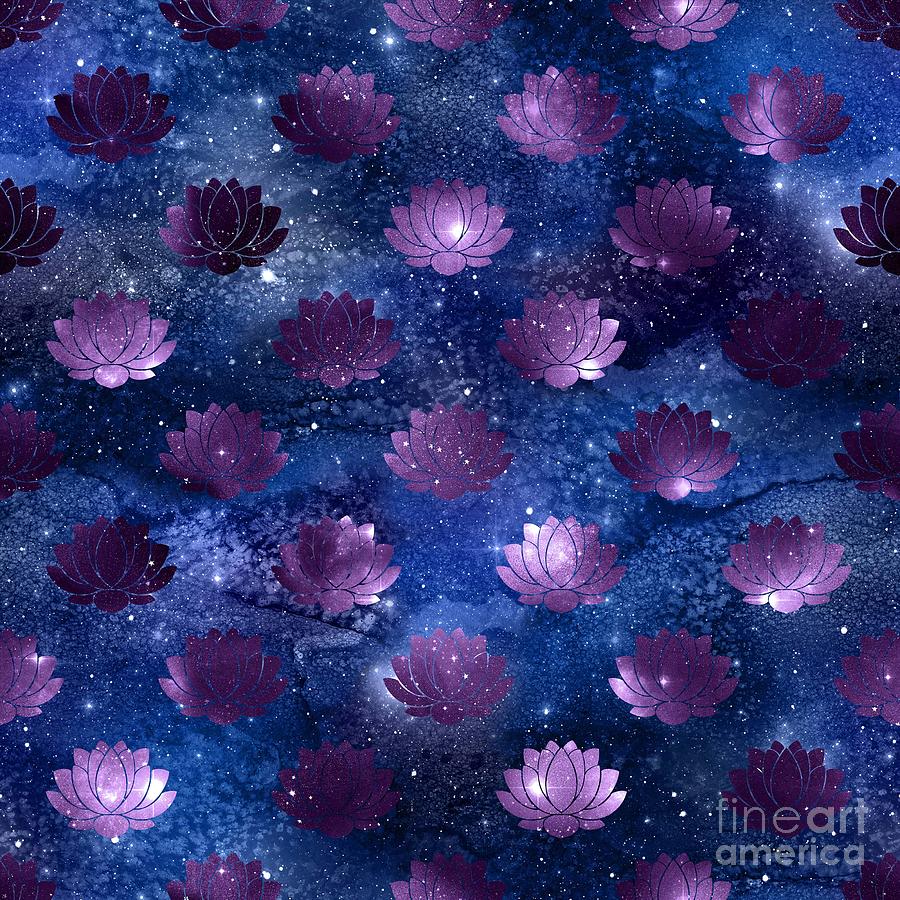 Tovula - Blue Purple Watercolor Lotus Galaxy Dharma Pattern Digital Art by Sambel Pedes